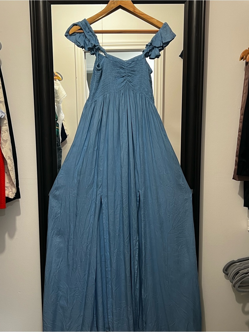 Blue Smocked Maxi Dress with Ruffled Straps
